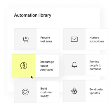 A view of Klaviyo’s automation library, with a cursor selecting “Encourage repeat purchases”