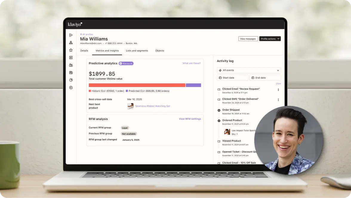Laptop displaying Klaviyo analytics dashboard with customer data and activity log. Circular inset shows a smiling person.