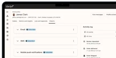 Klaviyo user profile interface showing subscription status for email, SMS, and mobile push notifications, with an activity log.