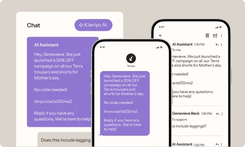 Three mobile screens displaying a chat with Klaviyo AI about a 20% off campaign on Terra trousers and shorts for Mother's Day.
