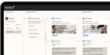 Klaviyo dashboard showing a marketing campaign workflow with audience segmentation, email, and SMS scheduling for a spring collection.