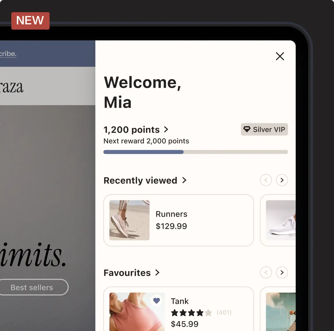 Shopping app interface showing a welcome message for Mia, 1,200 points, recently viewed items, and favourites with prices.