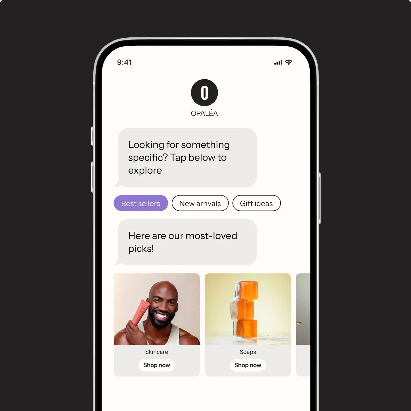 Smartphone screen displaying a shopping app with categories like "Best sellers" and product images for skincare and soaps.