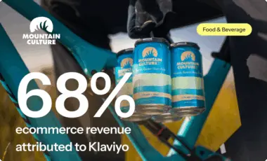 Person holding Mountain Culture beer cans on a bike. Text: "68% ecommerce revenue attributed to Klaviyo.