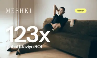 Person lounging on a green sofa, wearing a black outfit. Text: "MESHKI 123x global Klaviyo ROI." Fashion tag present.