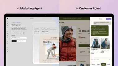 Split screen showing a "Marketing Agent" on the left with an email campaign interface, and a "Customer Agent" on the right with a shopping chat interface.