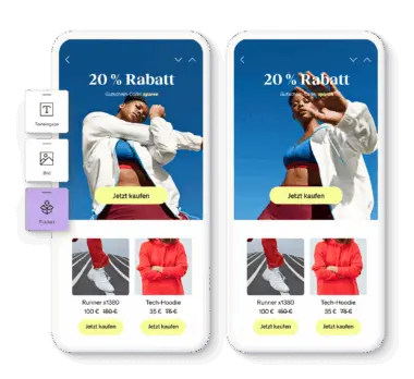 Zwei Smartphone-Bildschirme zeigen eine Shopping-App mit 20 % Rabatt, einem Gutschein-Code und Produkten wie Runner x1380 und Tech-Hoodie.