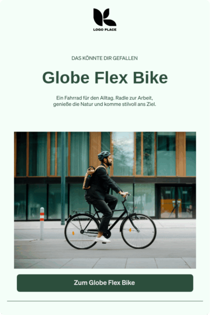 Ein Mann fährt ein Fahrrad vor einem modernen Gebäude. Text: "Globe Flex Bike". Button: "Zum Globe Flex Bike".