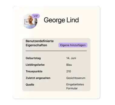 Profilkarte von George Lind mit Foto und VIP-Label. Details: Geburtstag 14. Juni, Lieblingsfarbe Blau, Treuepunkte 210.