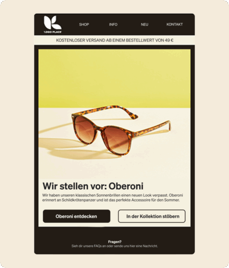 Sonnenbrille mit Schildkrötenmuster auf gelbem Hintergrund, beworben als "Oberoni". Buttons: "Oberoni entdecken", "In der Kollektion stöbern".