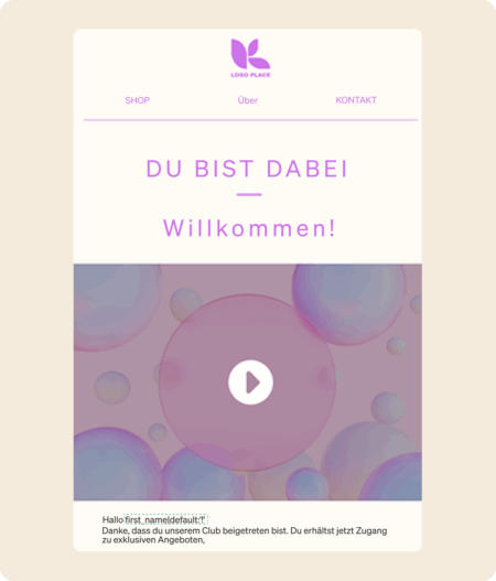 Willkommensnachricht mit Logo, Menü und Play-Button. Text: "DU BIST DABEI Willkommen!" und Begrüßung für Clubmitglieder.