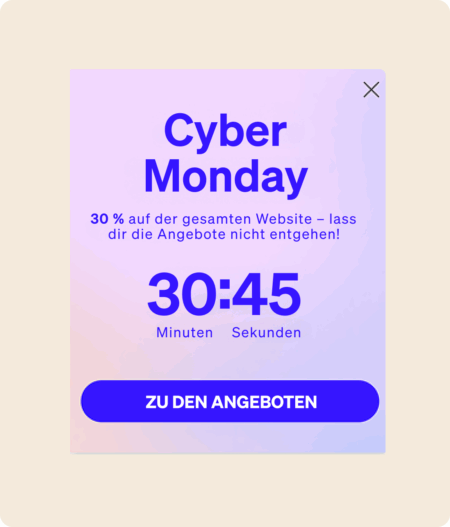 Cyber Monday-Angebot mit 30 % Rabatt auf der gesamten Website. Countdown von 30 Minuten und 45 Sekunden. Button: "Zu den Angeboten".
