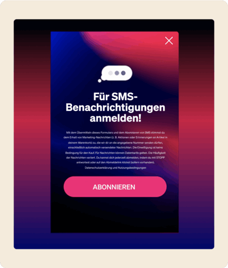 Anmeldeformular für SMS-Benachrichtigungen mit großem "Abonnieren"-Button und Text zur Zustimmung für Marketing-Nachrichten.