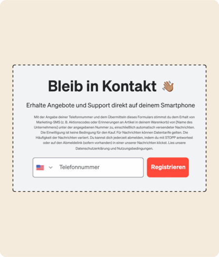 Bleib in Kontakt: Formular zur Eingabe der Telefonnummer für Angebote und Support per SMS. Button: Registrieren.