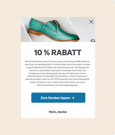 Popup mit grünem Schuhbild und Text "10 % RABATT". Optionen: "Zum Senden tippen" und "Nein, danke".