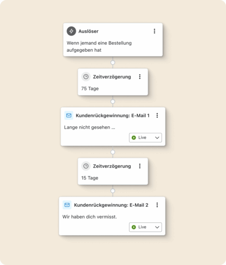 Diagramm eines E-Mail-Workflows zur Kundenrückgewinnung mit Auslöser, Zeitverzögerungen und zwei E-Mails.