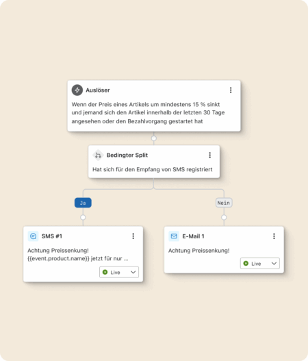 Flowchart zur Preisbenachrichtigung: Auslöser bei Preissenkung, bedingter Split für SMS-Registrierung, mit SMS- und E-Mail-Benachrichtigungen.