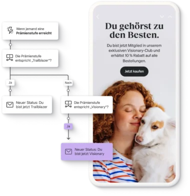 Frau mit lockigem Haar kuschelt mit einem Hund, daneben Text über Mitgliedschaft im Visionary-Club und Rabattangebote.