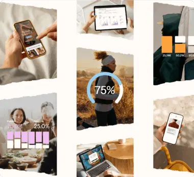Collage mit verschiedenen Szenen: Person mit Smartphone, Tablet mit Diagrammen, laufende Frau, Personen beim Essen, Laptop, Smartphone.