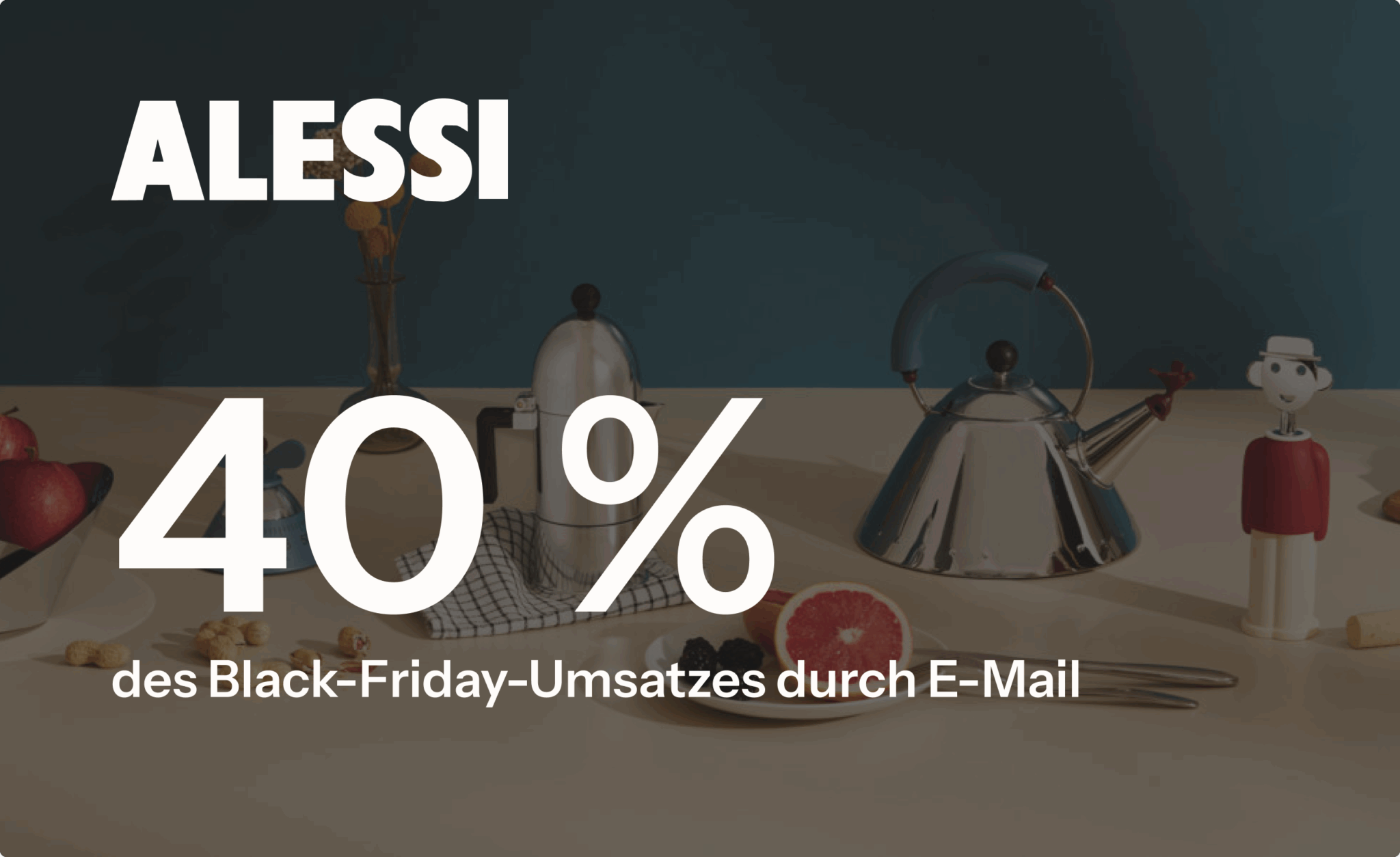 Alessi-Produkte auf einem Tisch mit Text: "40 % des Black-Friday-Umsatzes durch E-Mail".