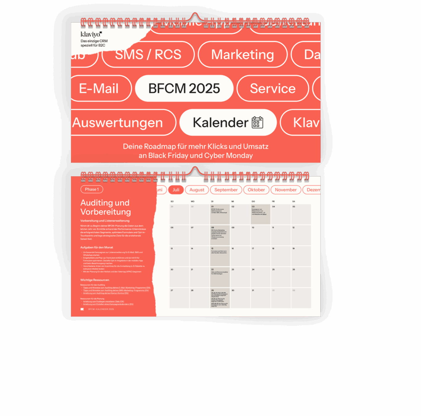 Kalender für BFCM 2025 von Klaviyo mit Marketing- und Service-Themen. Enthält eine Roadmap für Black Friday und Cyber Monday.
