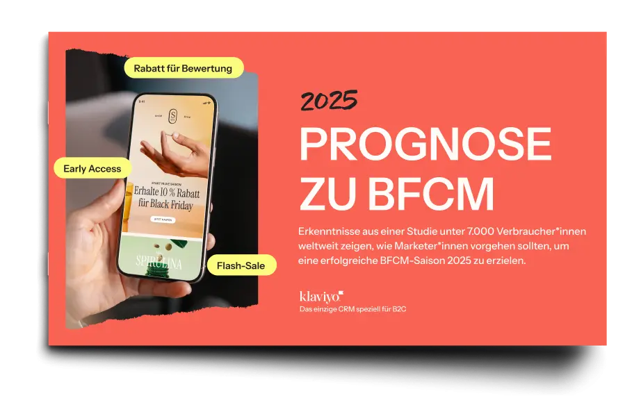 Smartphone mit Black Friday-Rabattanzeige, daneben Text: "2025 Prognose zu BFCM". Klaviyo-Logo unten rechts.