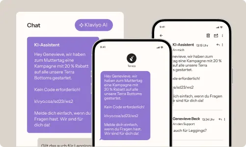 Drei Smartphone-Bildschirme zeigen eine Nachricht von einem KI-Assistenten mit einem Rabattangebot für Terra Bottoms.
