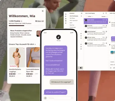 Mobilgerät- und Computer-Bildschirme mit einer Shopping-App und einer Messaging-App. Die Shopping-App zeigt eine Leggings und die Messaging-App eine Unterhaltung über ein Rabattangebot.