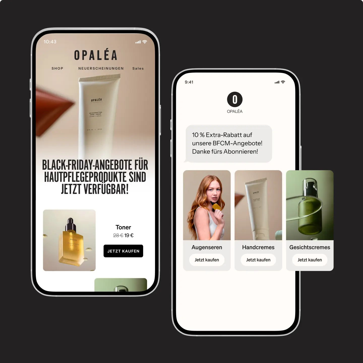 Zwei Smartphones zeigen die Opaléa-Website mit Black-Friday-Angeboten für Hautpflegeprodukte und einem 10 % Rabatt für Abonnenten.