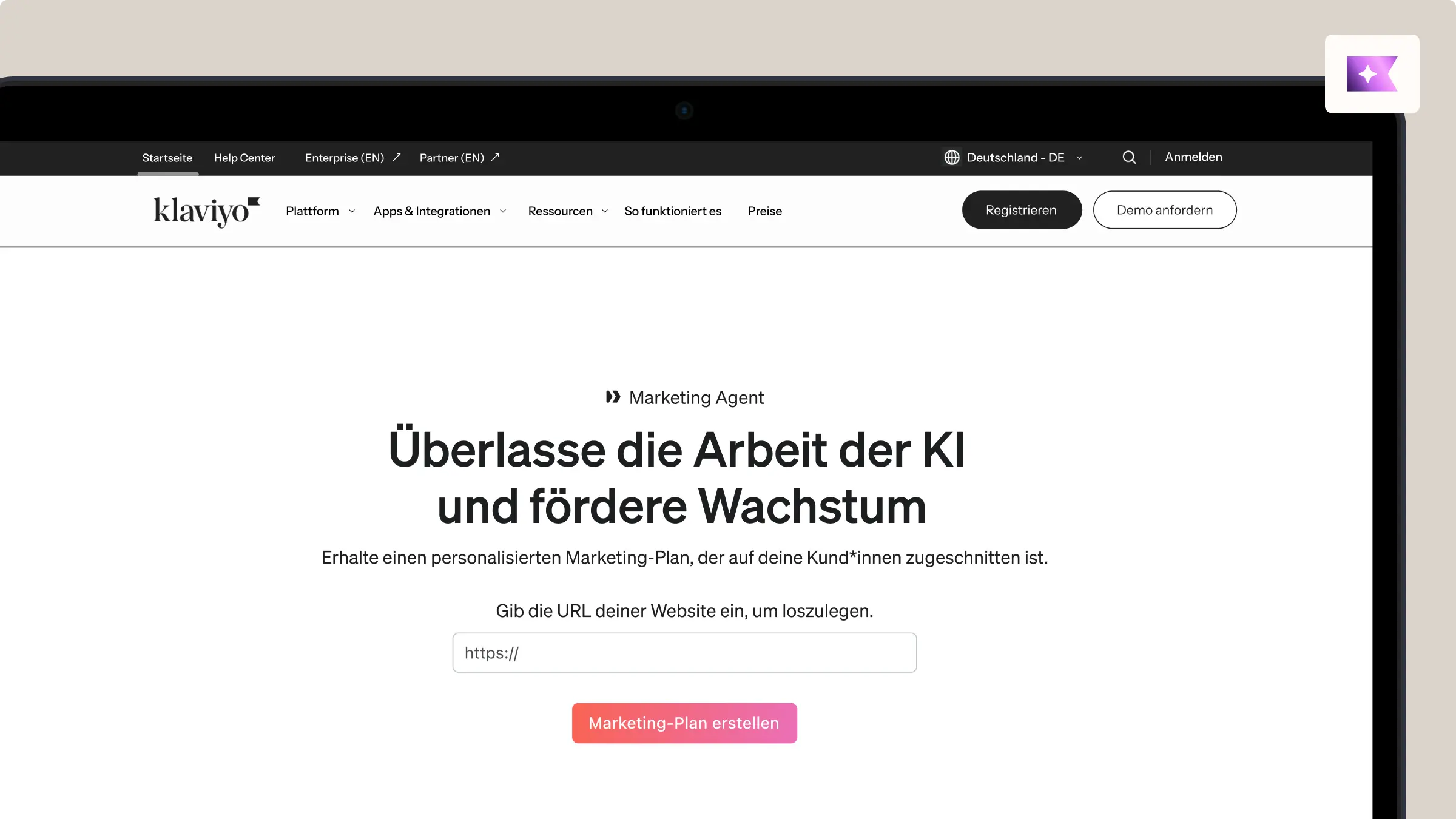 Klaviyo-Website mit Text: "Überlasse die Arbeit der KI und fördere Wachstum". Eingabefeld für URL und Button "Marketing-Plan erstellen".