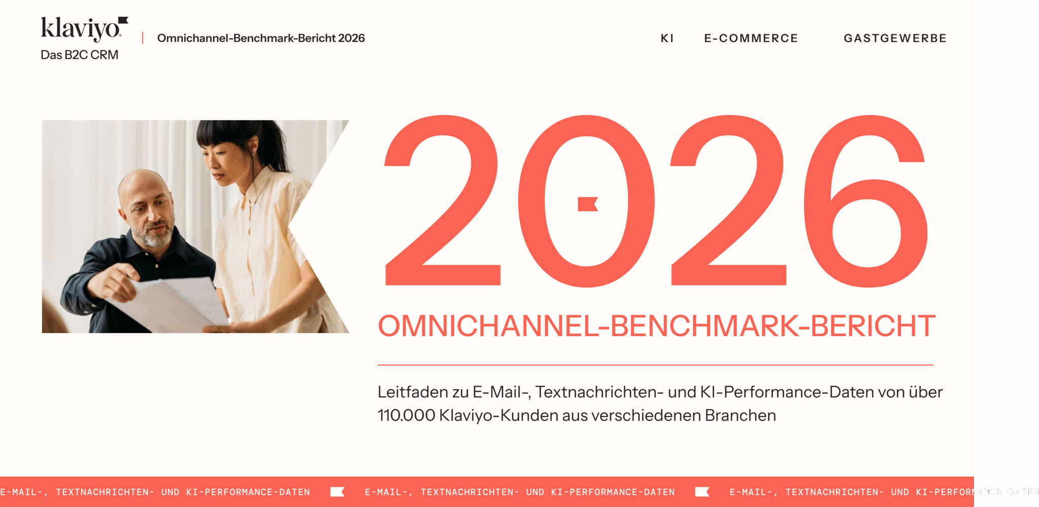 Klaviyo Omnichannel-Benchmark-Bericht 2026, Leitfaden zu E-Mail-, Textnachrichten- und KI-Performance-Daten.