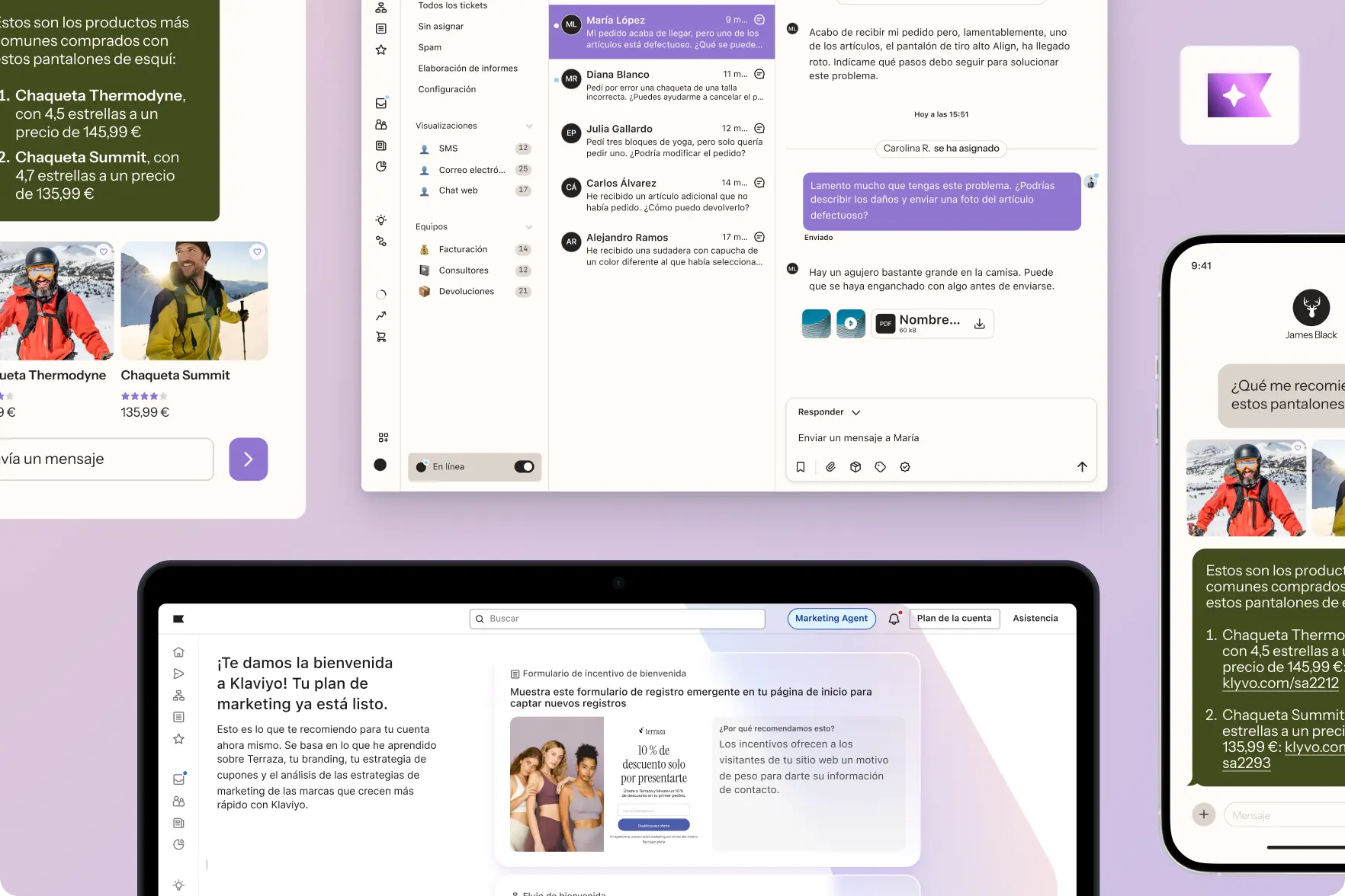 Pantallas de aplicaciones mostrando chats de servicio al cliente, recomendaciones de productos de esquí y un plan de marketing en Klaviyo.
