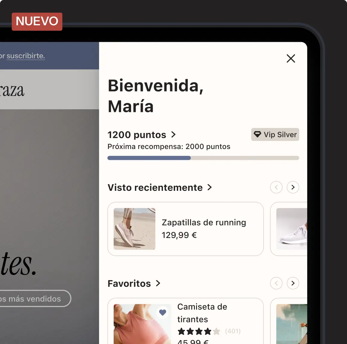 Pantalla de bienvenida de una aplicación mostrando 1200 puntos, con productos recientes y favoritos como zapatillas de running.