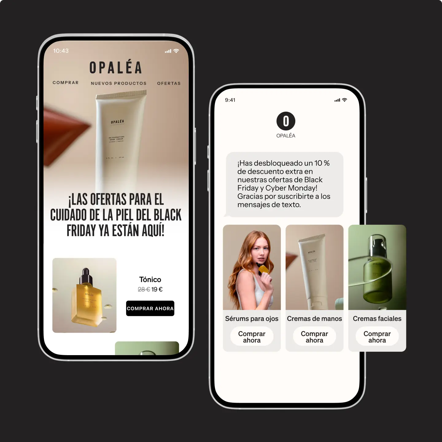 Dos pantallas de smartphone muestran ofertas de productos de cuidado de la piel de Opaléa para Black Friday, incluyendo tónicos y cremas.