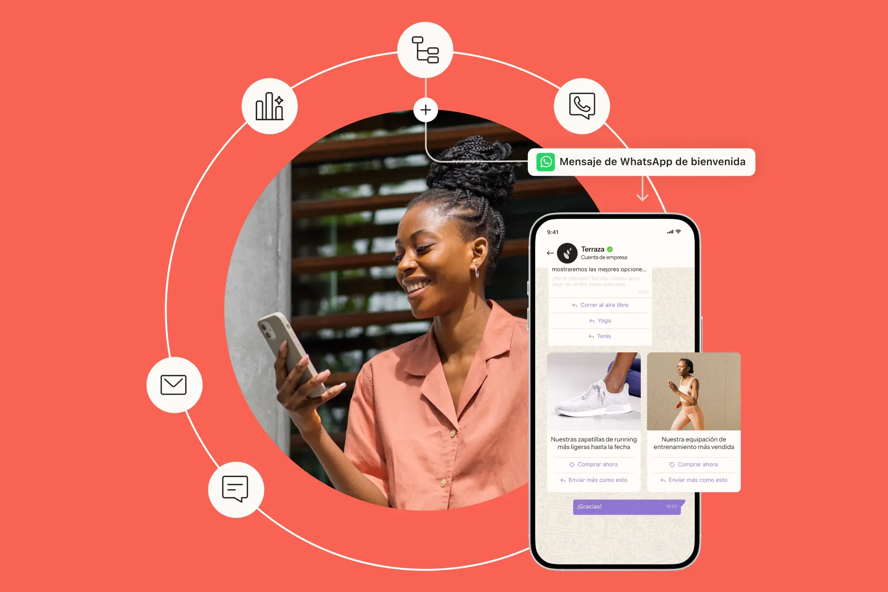 Mujer sonriendo mientras mira su teléfono. A la derecha, pantalla de un mensaje de bienvenida de WhatsApp de una cuenta de empresa.