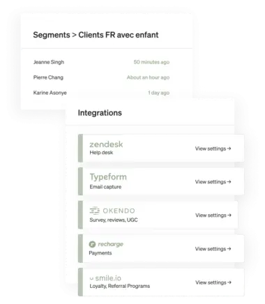 Two snapshots of the Klaviyo dashboard offer a look into a user’s “UK customers w/ children” segment and integrations