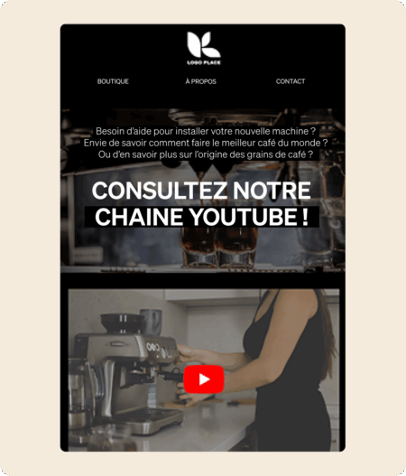 Page web avec logo en haut, texte sur le café, et image d'une personne utilisant une machine à café avec icône YouTube.