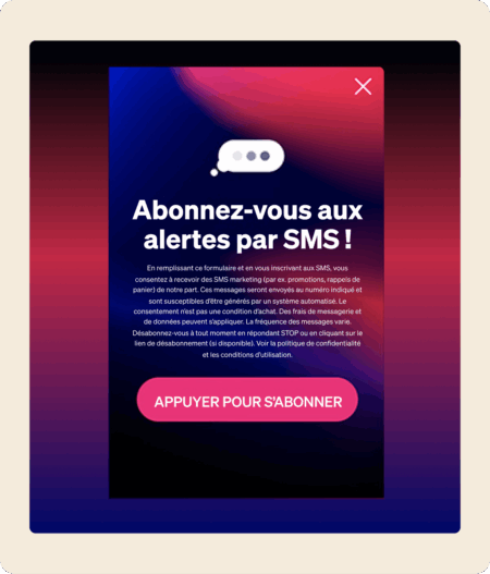 Fenêtre contextuelle d'abonnement aux alertes SMS avec bouton "APPUYER POUR S’ABONNER" sur fond dégradé.