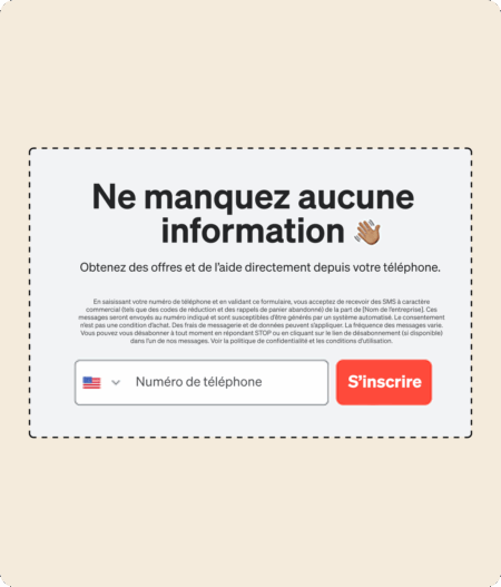 Formulaire d'inscription avec texte "Ne manquez aucune information" et champ pour numéro de téléphone. Bouton "S'inscrire".