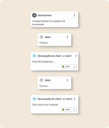 Diagramme montrant un flux de travail d'e-mails de reconquête client avec des délais de 75 et 15 jours.