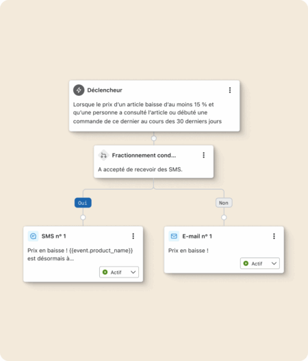 Diagramme de flux automatisé montrant un déclencheur de baisse de prix, suivi d'un fractionnement conditionnel pour l'envoi de SMS ou d'e-mails.