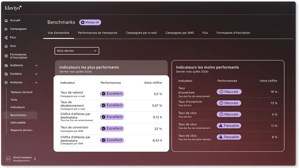 Tableau de bord Klaviyo affichant les indicateurs de performance pour juillet 2024, avec des sections pour les plus et moins performants.