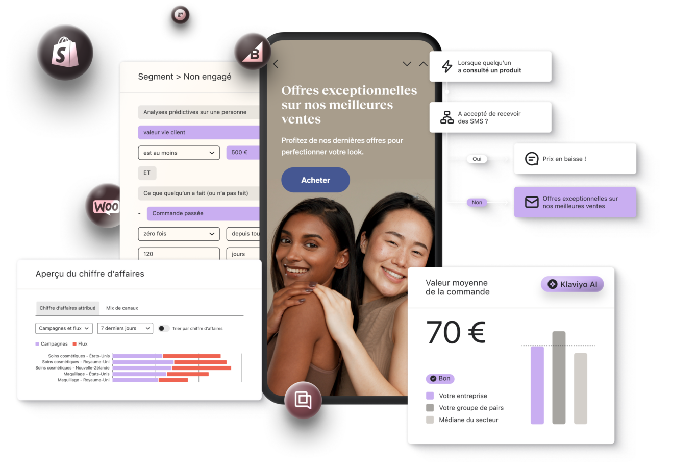 Interface utilisateur montrant des outils de marketing numérique avec des graphiques, des offres promotionnelles et des logos de plateformes.