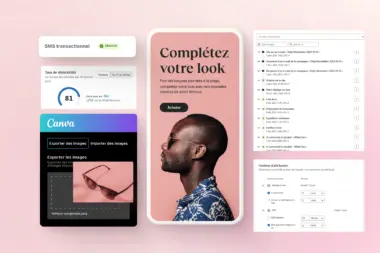 Interface utilisateur montrant des outils de marketing numérique, y compris des statistiques de SMS, une publicité de lunettes et des options d'exportation d'images.