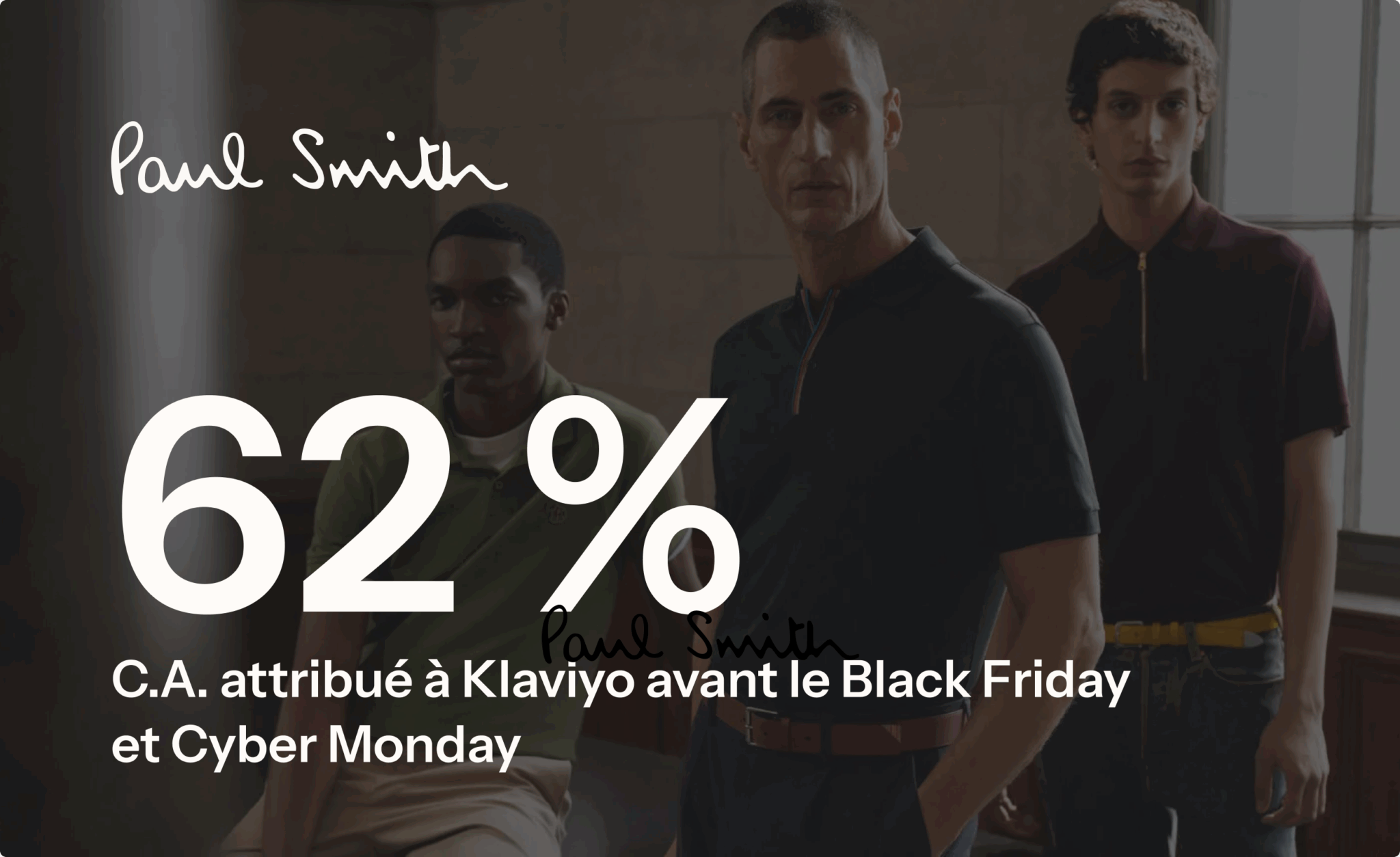 Paul Smith, trois hommes posant, texte "62 % C.A. attribué à Klaviyo avant le Black Friday et Cyber Monday".