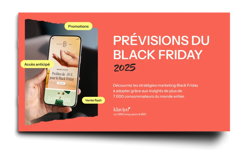 Prévisions du Black Friday 2025 avec smartphone affichant une promo. Texte sur stratégies marketing et logo Klaviyo.