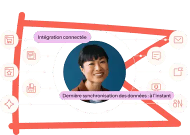 Portrait d'une femme souriante entourée d'icônes technologiques et de textes : "Intégration connectée" et "Dernière synchronisation des données : à l’instant".