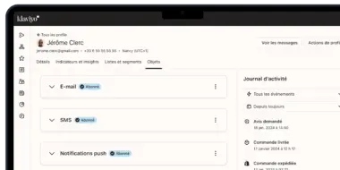 Interface utilisateur de Klaviyo affichant le profil de Jérôme Clerc avec des options de communication et un journal d'activité.