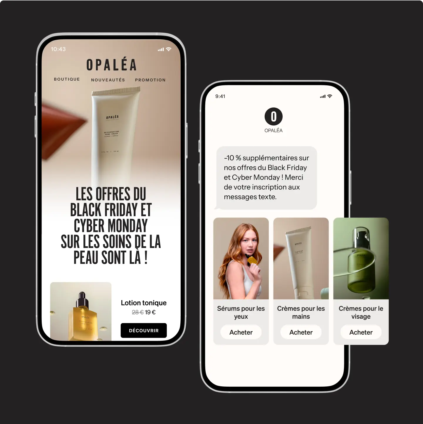 Deux écrans de smartphone affichant des offres de soins de la peau Opaléa pour Black Friday et Cyber Monday, avec options d'achat.