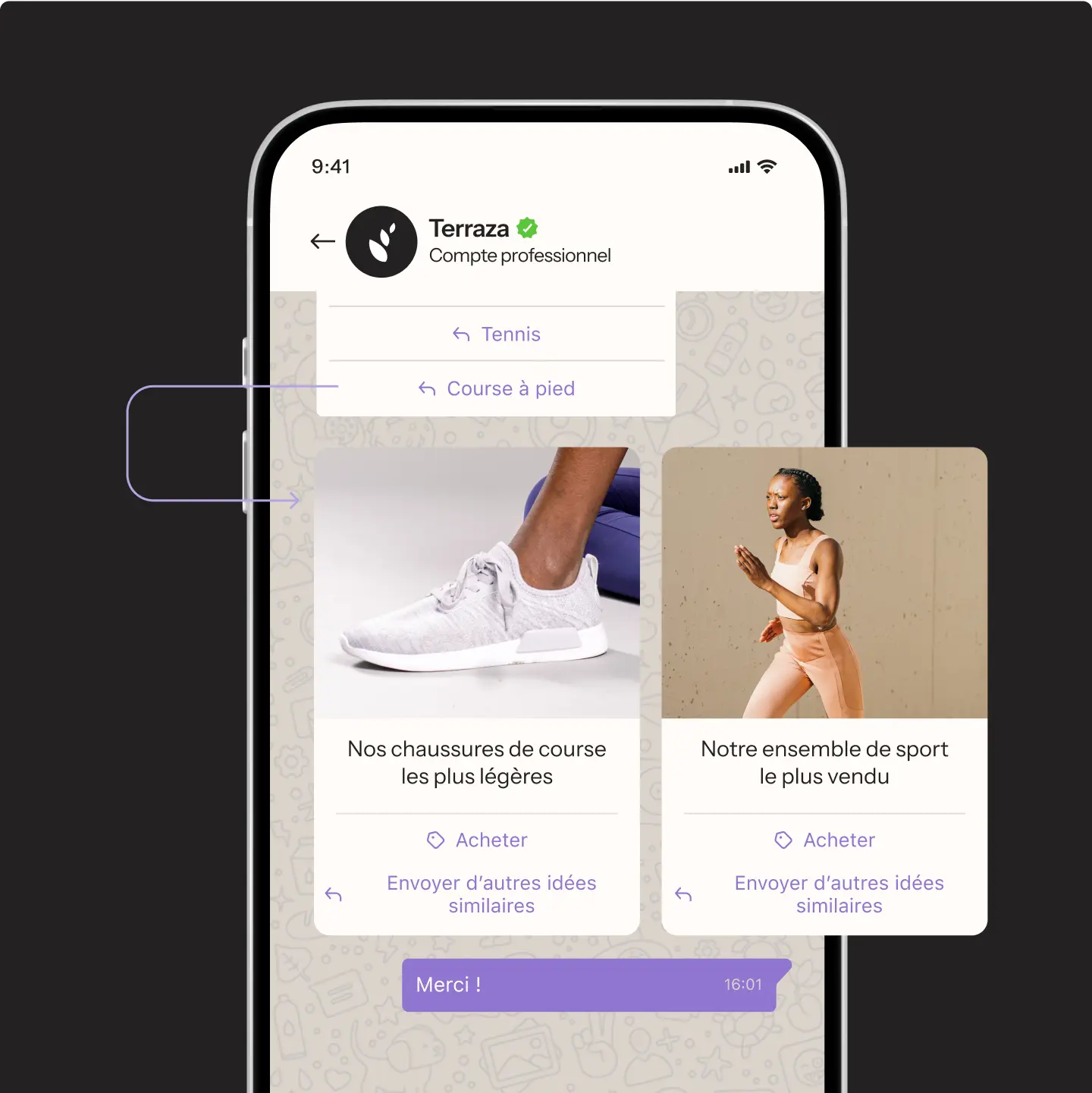 Interface d'application mobile montrant des chaussures de course blanches et une femme courant en tenue de sport. Options d'achat disponibles.